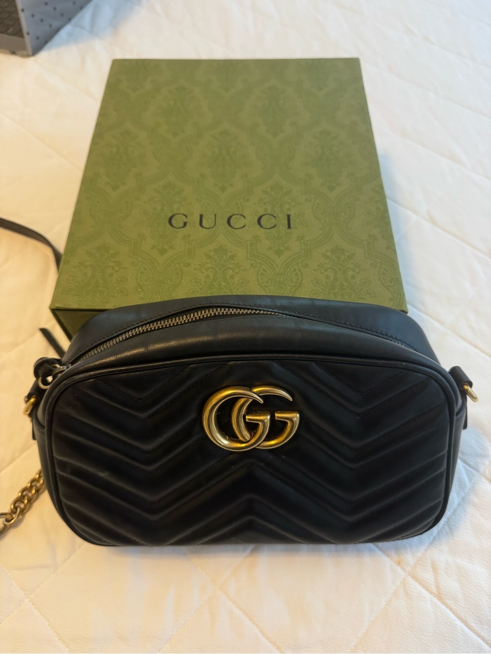 Gucci Black Chevron GG Marmont Crossbody with Gold Hardware